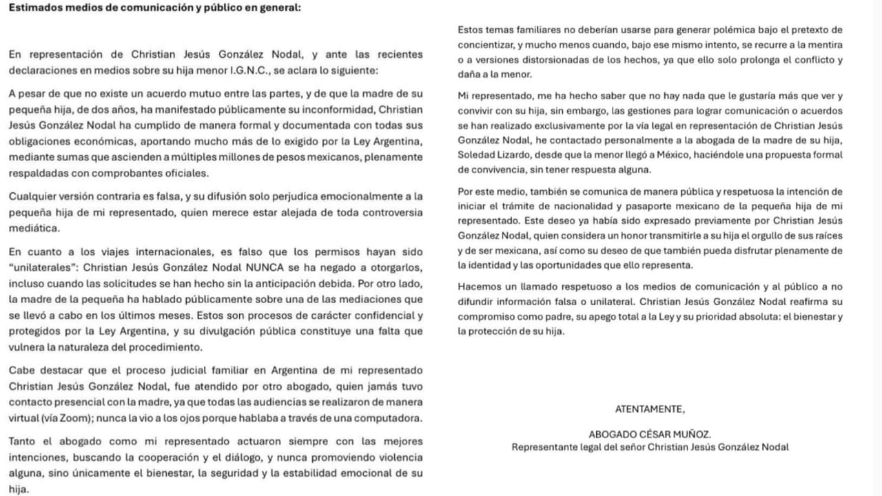 Nodal envió un comunicado donde desmiente a Cazzu y la acusa de dañar a su hija con declaraciones.