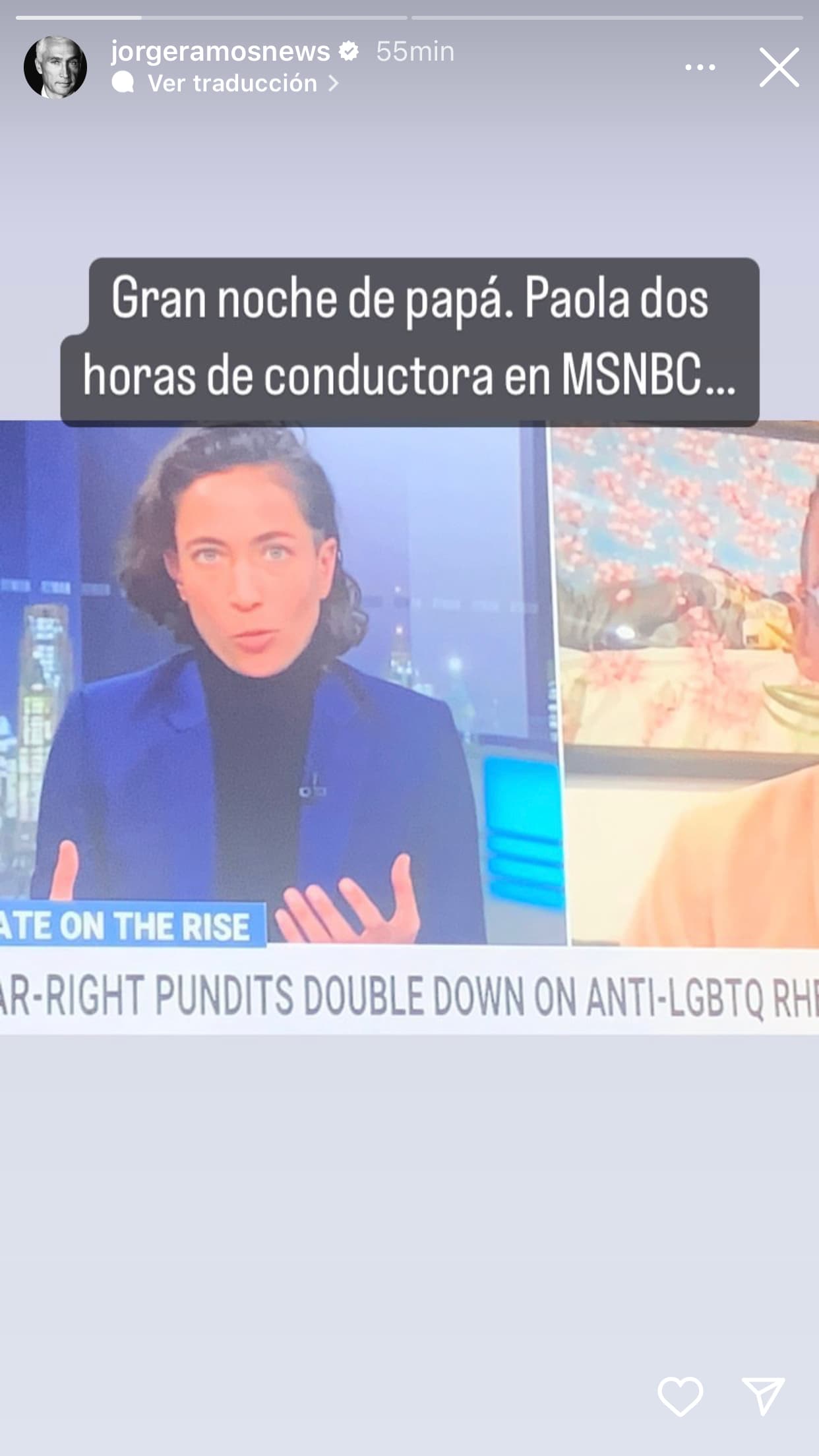 "
<b>Gran noche de papá</b>. Paola, dos horas de conductora en MSNBC", escribió al presumir que su hija de 35 años sigue sus pasos como periodista. 
<br>