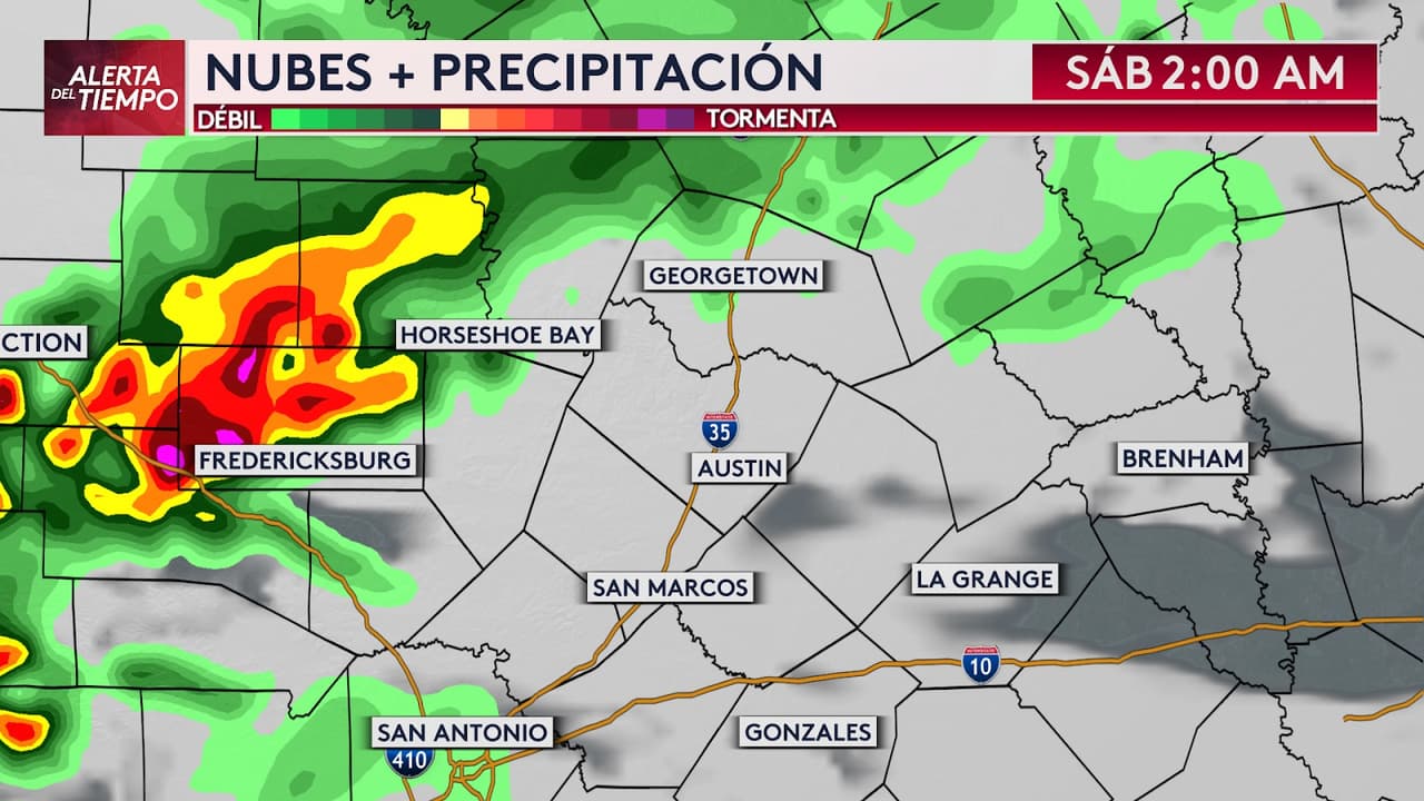 A las 
<b>2 a.m</b> es cuando se intensificará aún más las lluvias donde las tormentas estarán bastantes fuertes para condados 
<b>Mason, Gillespie, Burnet, Lano y Williamson.</b>
