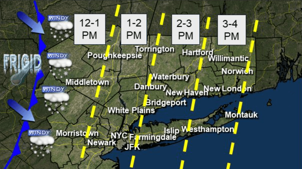 El mapa muestra a qué hora estará atravesando las ráfagas de nieve cada región del estado.