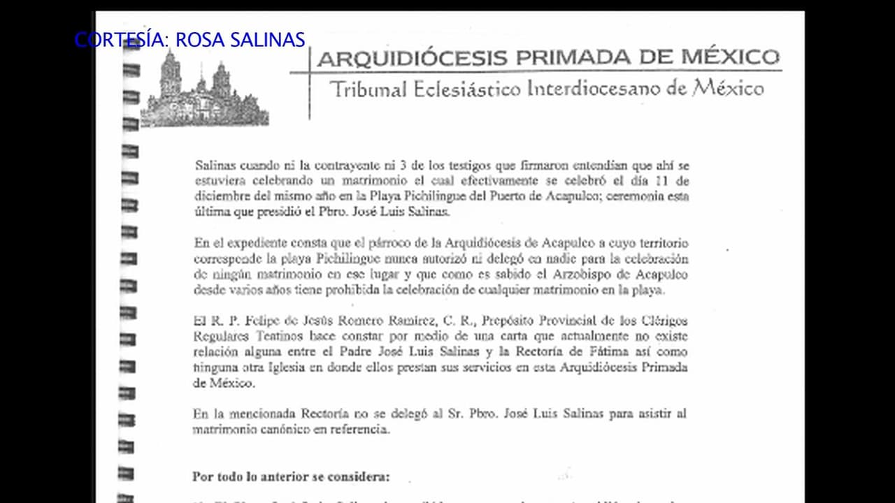 El 13 de marzo de 2013 el padre Salinas recibió la sentencia de la Rota Romana, la máxima autoridad eclesiástica ante el Vaticano, en donde le dictaban un juicio que lo acusaba de simular la boda de Angélica y José Alberto Castro sin tener pruebas en su contra. 
<br>