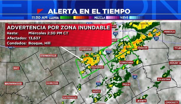 Advertencia por inundaciones para los condados Bosque y Hill 