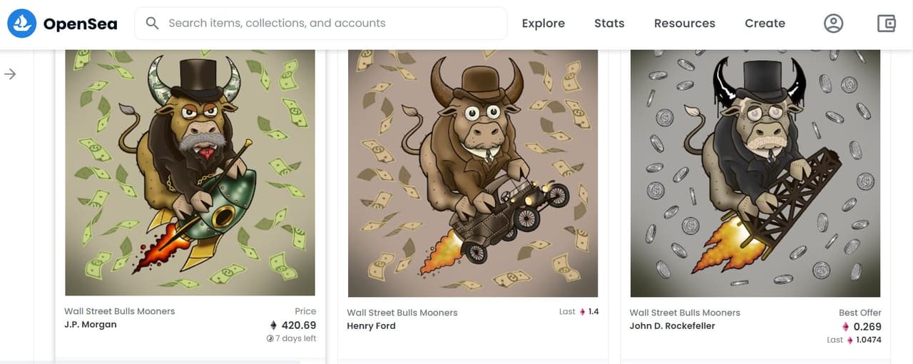Algunos de los iconos de Wall St Bulls NFT a la venta en la plataforma OpenSea, un mercado online. El Toro de J.P. Morgan está a la venta por 420,69 Ethereum, el equivalente a 1.576.758,74 dólares aproximadamente.