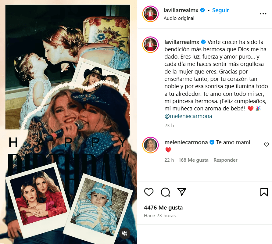 Alicia Villarreal dedicó un mensaje a su hija Melenie por su cumpleaños.