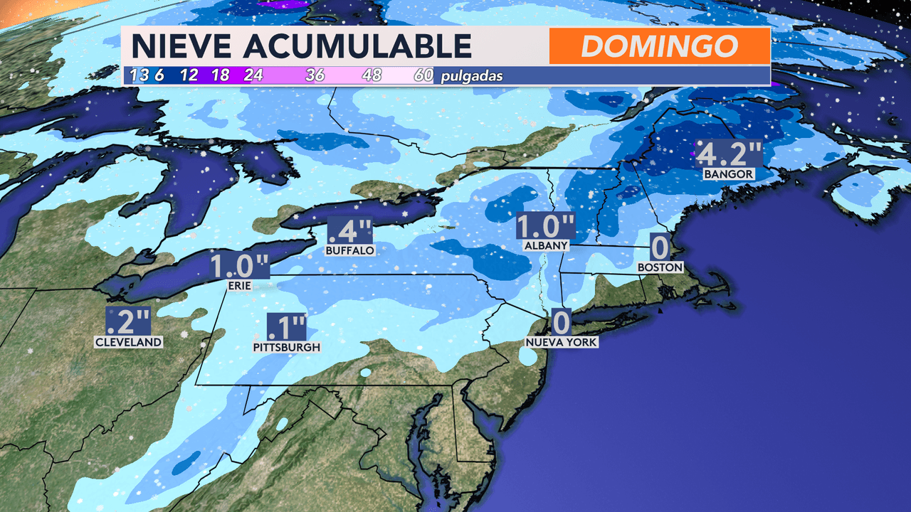 Modelo de acumulación de nieve durante el fin de semana en la costa noreste de EEUU.