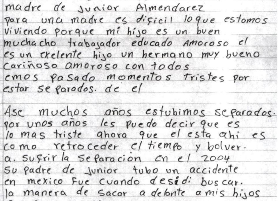 Estracto de la carta escrita por la madre de Junior Almendarez.