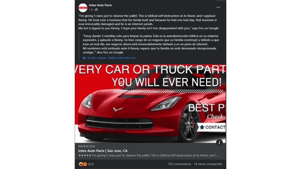 Captura de pantalla de los mensajes publicados en la página de Facebook de Intex Auto Parts.