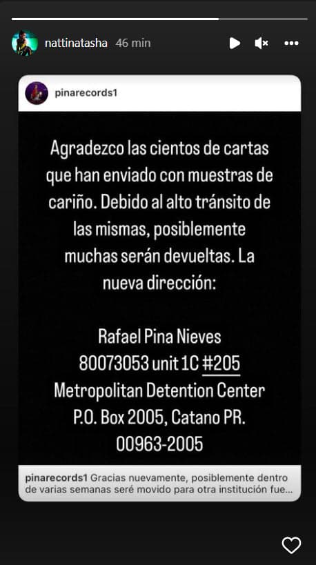 La intérprete de 'Ram pam pam' compartió en sus historias el mensaje de Raphy para informar de su traslado.
<br>