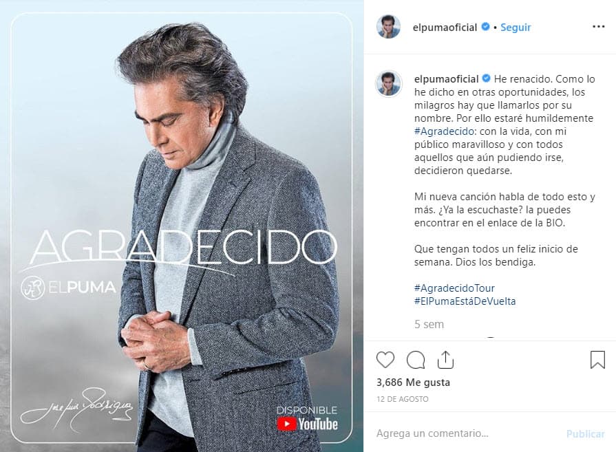 El pasado 8 de agosto el venezolano lanzó el sencillo 'Agradecido' y publicó un emotivo mensaje para celebrarlo.