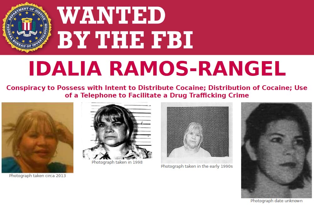El FBI ofrece una recompensa de $25,000 dólares por información que conlleve a su arresto. Es buscada por introducir y transportar droga desde México a Estados Unidos desde mediados de los 80's.