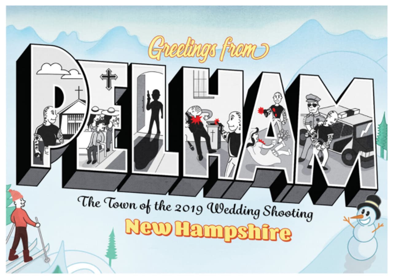 <b>“Saludos desde Pelham, la ciudad del tiroteo en una boda de 2019”. </b>Según Oliver, al proyecto se sumaron 30 artistas de 25 países que donaron su trabajo. Todos usaron la tipografía y el estilo de las tradicionales postales turísticas estadounidenses. El 13 de octubre de 2019 “un hombre armado entró a una iglesia donde disparó y mató a dos personas”, explica la postal.