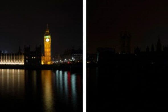 Esta combinación de imágenes muestra el Parlamento Central de Londres antes y después de unirse a la iniciativa mundial.