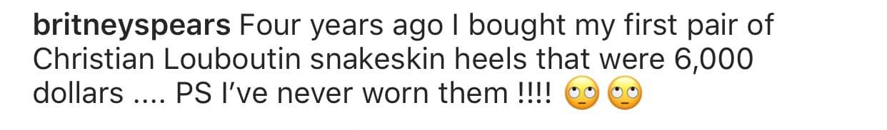 "Hace cuatro años compré mi primer par de tacones de piel de serpiente de Christian Louboutin que costaron 6,000 dólares. Pd: 
<b>¡Nunca los he usado!</b>", escribió la cantante de 
<b><a href="https://www.youtube.com/results?search_query=baby+one+more+time+">'Baby One More Time'.</a></b>
<br>