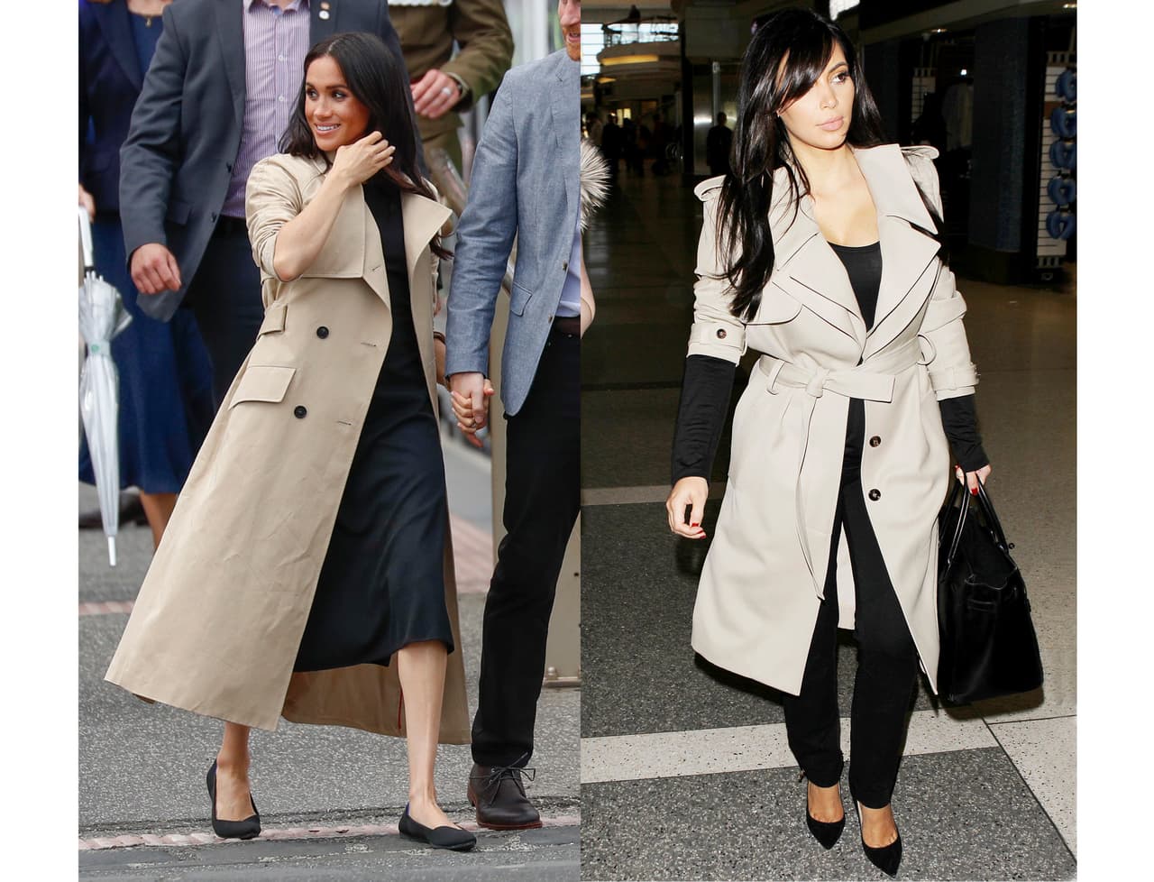 En octubre de 2018, Markle asistió a Melbourne para tomar un tranvía. Lo hizo usando una gabardina Martin Grant, un vestido Miguellina de la firma Club Monaco y zapatos Rothy's; cinco años antes, Kardashian caminaba por el aeropuerto de Los Ángeles llevando un look similar.