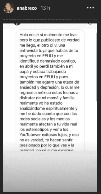 “No sé si realmente me leas, pero lo que publicaste de verdad me llegó”, comienza el escrito.