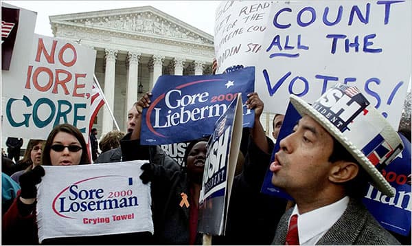 Supporters of Al Gore and George W. Bush faced off in front of the Supreme Court in December of 2000.