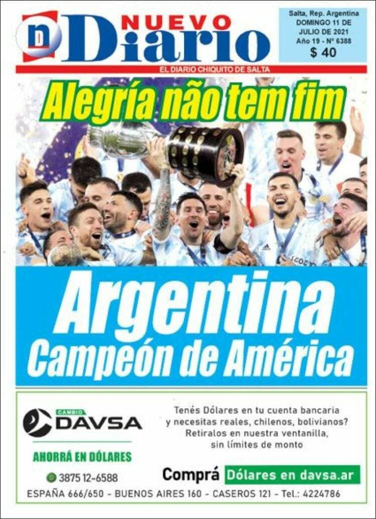 Argentina rompe la maldición y 28 años después consigue, de la mano de Lionel Messi, el título de campeones de la Copa América. La prensa argentina enaltece la hazaña, así como la prensa internacional del continente americano.