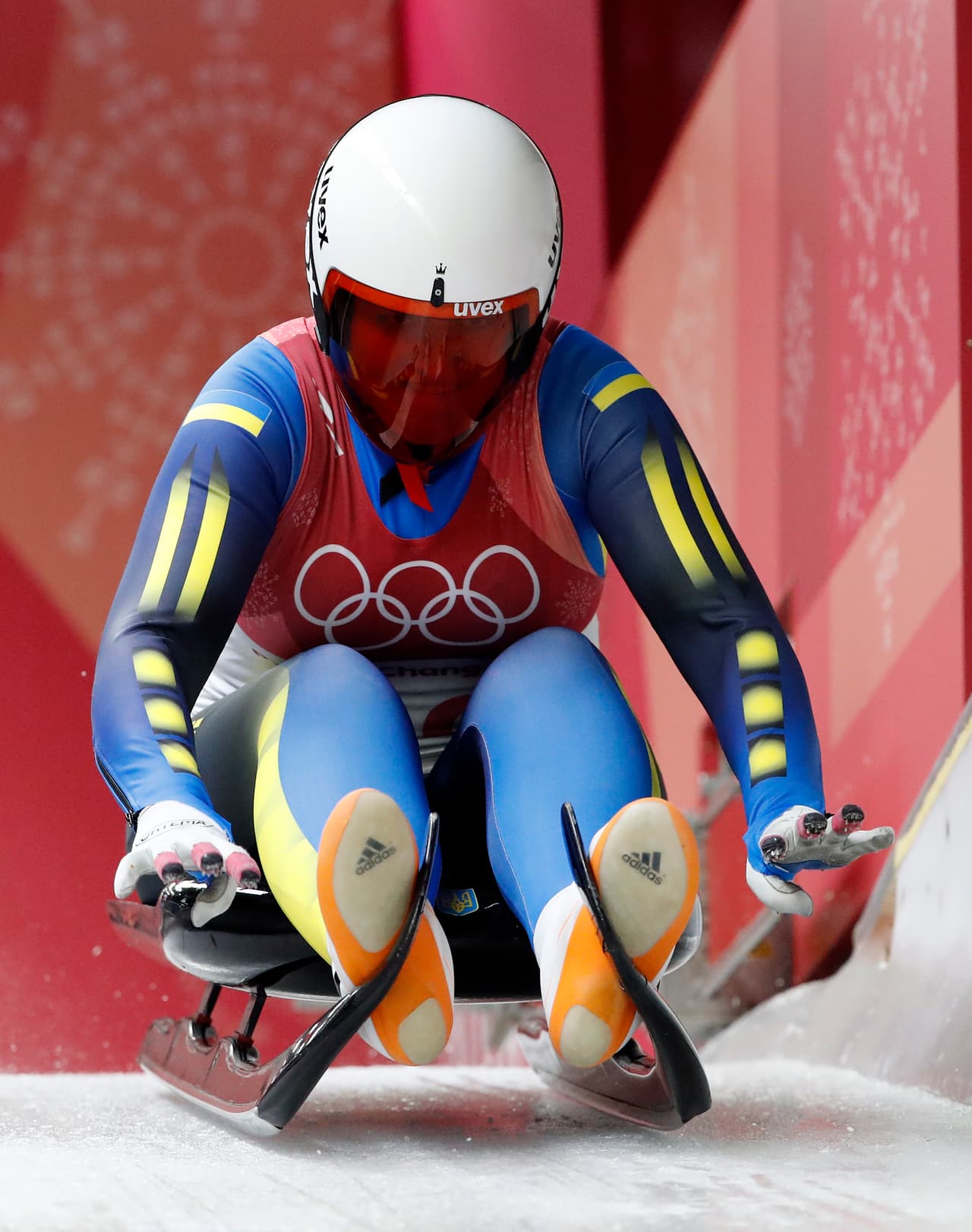 Olena Stetskiv of Ukraine starts her first run during the women's luge competition at the 2018 Winter Olympics in Pyeongchang, South Korea, Monday, Feb. 12, 2018. (AP Photo/Andy Wong)