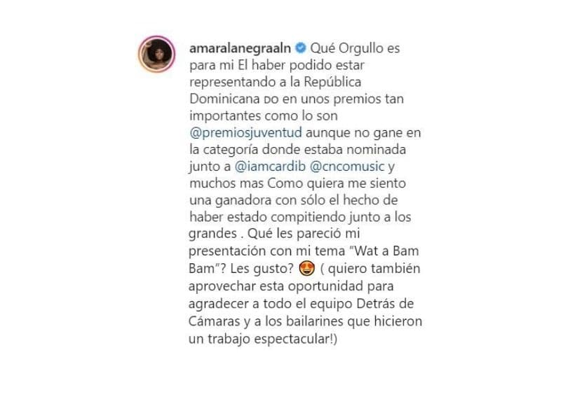 La estadounidense nacida de padres dominicanos, no dejó pasar la oportunidad de agradecer por lo que vivió en Premios Juventud 2019 a través de las plataformas digitales.