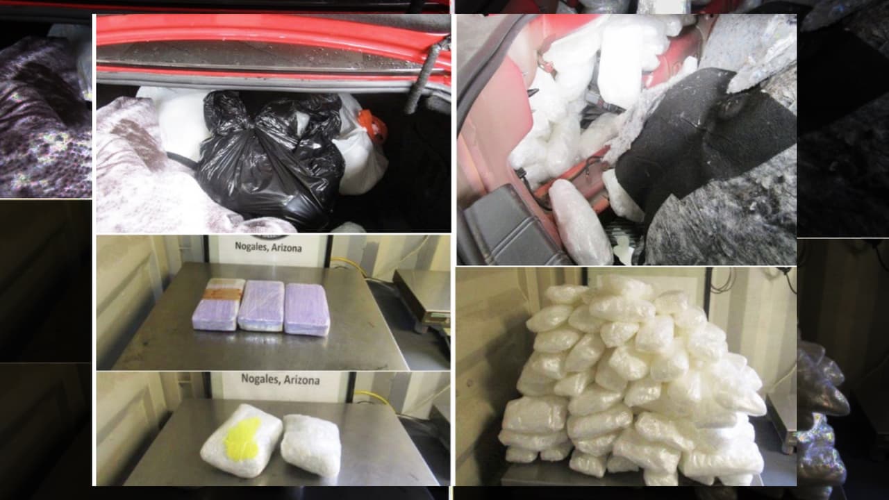 Oficiales en el puerto de Nogales incautaron aproximadamente 21,000 tabletas de fentanilo, 121.10 libras de metanfetamina y 7.65 libras de cocaína escondidas dentro del maletero de un vehículo.