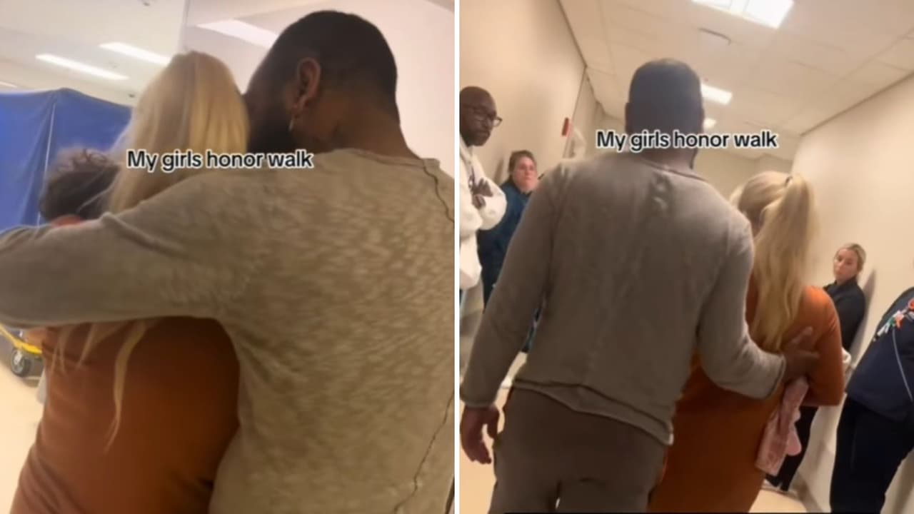 Padres conmueven al recorrer el "pasillo del honor" con su bebé en brazos.