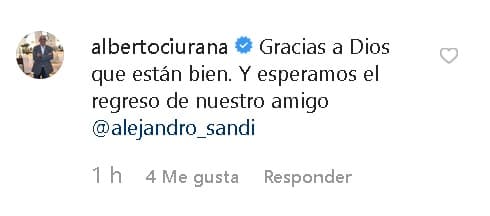<b>Alberto Ciurana</b>, ejecutivo de TV Azteca, también hizo un comentario: "Gracias a Dios que están bien. Y esperamos el
<b>regreso de nuestro amigo Alejandro Sandí</b>".
<br>