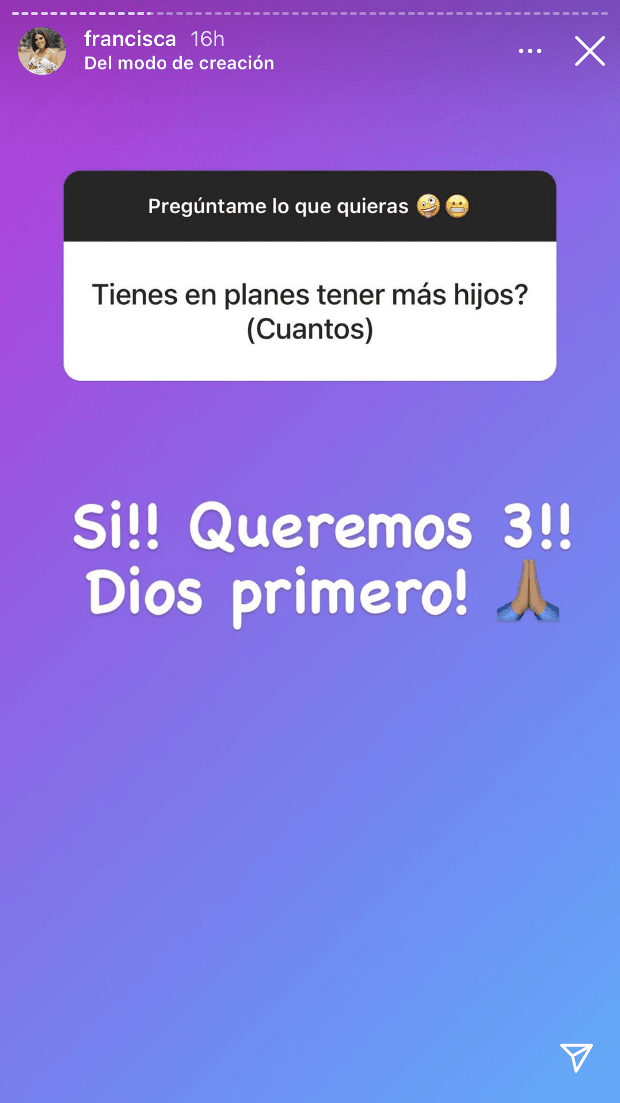 En la conversación virtual con sus seguidores también confirmó que un bebé no será suficiente, pues su ideal es ser madre de tres. 
<br>