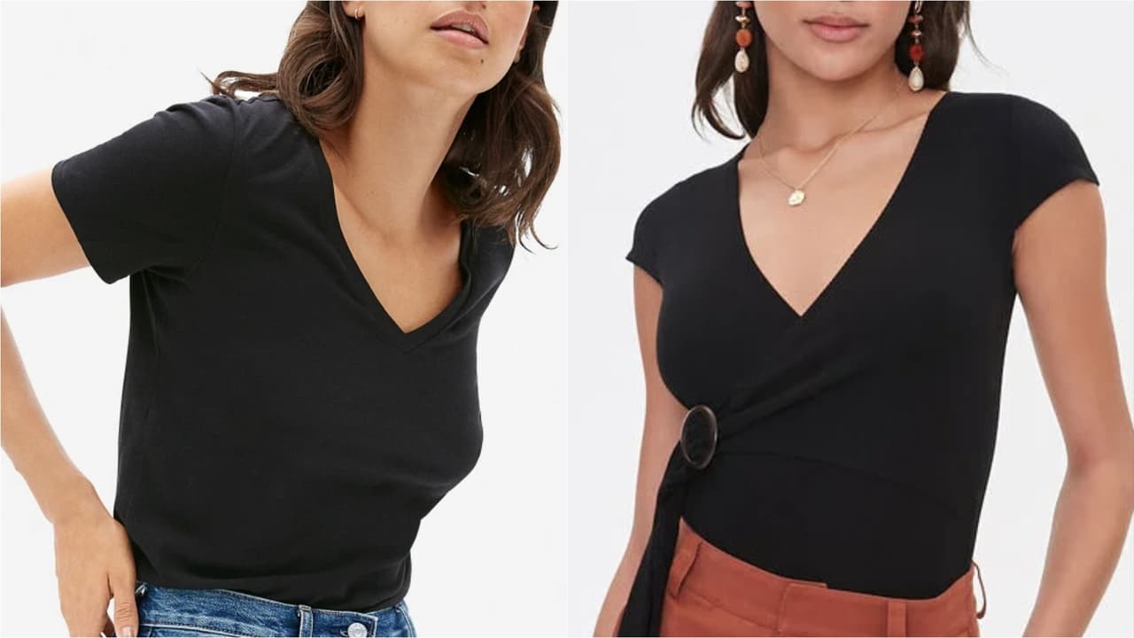 <b>3. Escote en V </b>
<br>
<a href="https://www.everlane.com/products/womens-organic-cotton-v-neck-black" target="_blank">Camiseta cuello V</a> de algodón orgánico de Everlane. Precio: $18
<br>
<a href="https://www.forever21.com/us/2000394861.html" target="_blank">Body cruzado al frente</a> con hebilla de Forever 21. Precio: $6.99
<br>
<br>Mientras más profundo, mejor (sin exagerar). El secreto está en alargar visualmente la cara y esa parte del torso. Puedes elegir tops, t-shirts o vestidos con ese escote. El mismo efecto lo generan los collares largos con colgantes.