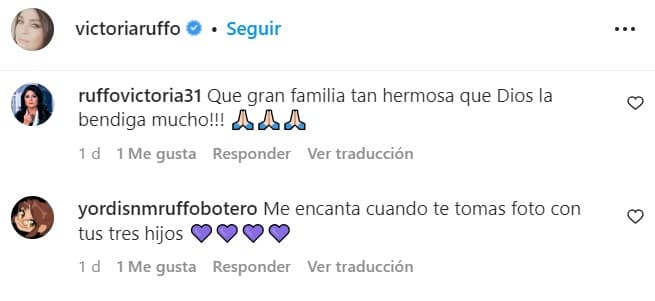“Me encanta cuando te tomas fotos con tus tres hijos”, “¡Qué gran familia tan hermosa, que Dios la bendiga mucho!” y “Amo verla tan sonriente” son algunos de los mensajes en la sección de comentarios.
<br>