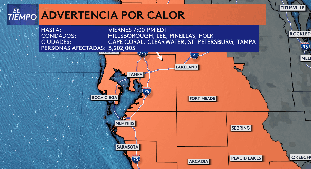 Advertencia por calor incluye a todos los condados de la Bahía de Tampa: temperaturas se sentirán en 108 °F