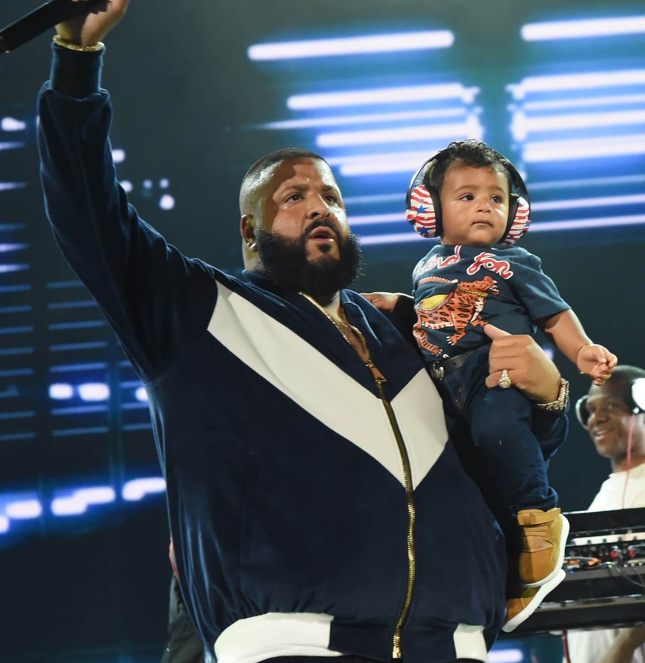 MIAMI, FL - OCTOBER 14: In this handout photo provided by One Voice: Somos Live!, DJ Khaled speaks onstage with his son Asahd Tuck Khaled at One Voice: Somos Live! A Concert For Disaster Relief at Marlins Park on October 14, 2017 in Miami, Florida. (Photo by Rick Diamond/One Voice: Somos Live!/Getty Images)