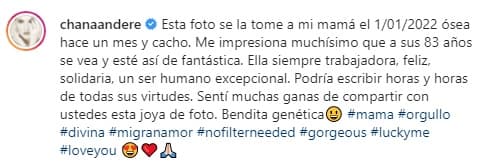Chantal contó que su madre comenzó con esa imagen el 2022 y que ella
<b>quedó impresionada</b> de verla lucir "fantástica" a sus más de 8 décadas de vida.