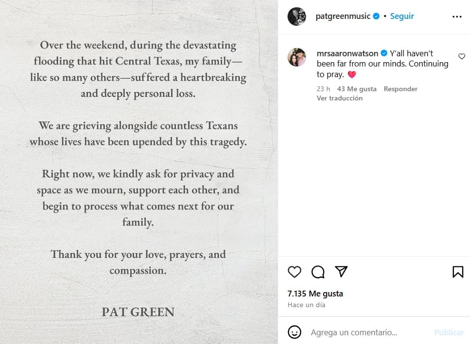 Pat Green reveló el luto que atraviesa su familia por las inundaciones en Texas.