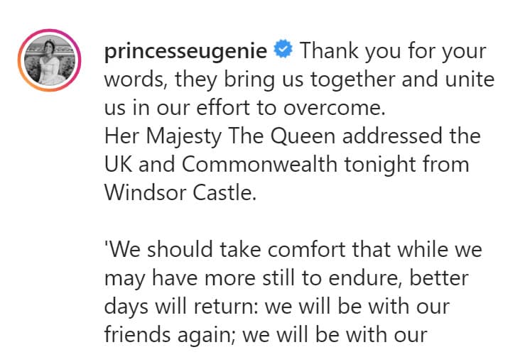 La hija menor del
<b> <a href="https://www.univision.com/famosos/para-sarah-ferguson-el-escandalo-del-principe-andres-es-un-disparate-y-admite-que-vive-momentos-dificiles-fotos" target="_blank">príncipe Andrés y Sarah Ferguson </a></b>reaccionó ante el discurso de esperanza de la reina: "Gracias por tus palabras, nos unen en nuestro esfuerzo por superar esto", escribió en Instagram.
<br>