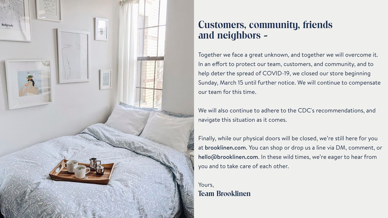 La tienda de Brooklinen se matendrá cerrada hasta nuevo aviso.