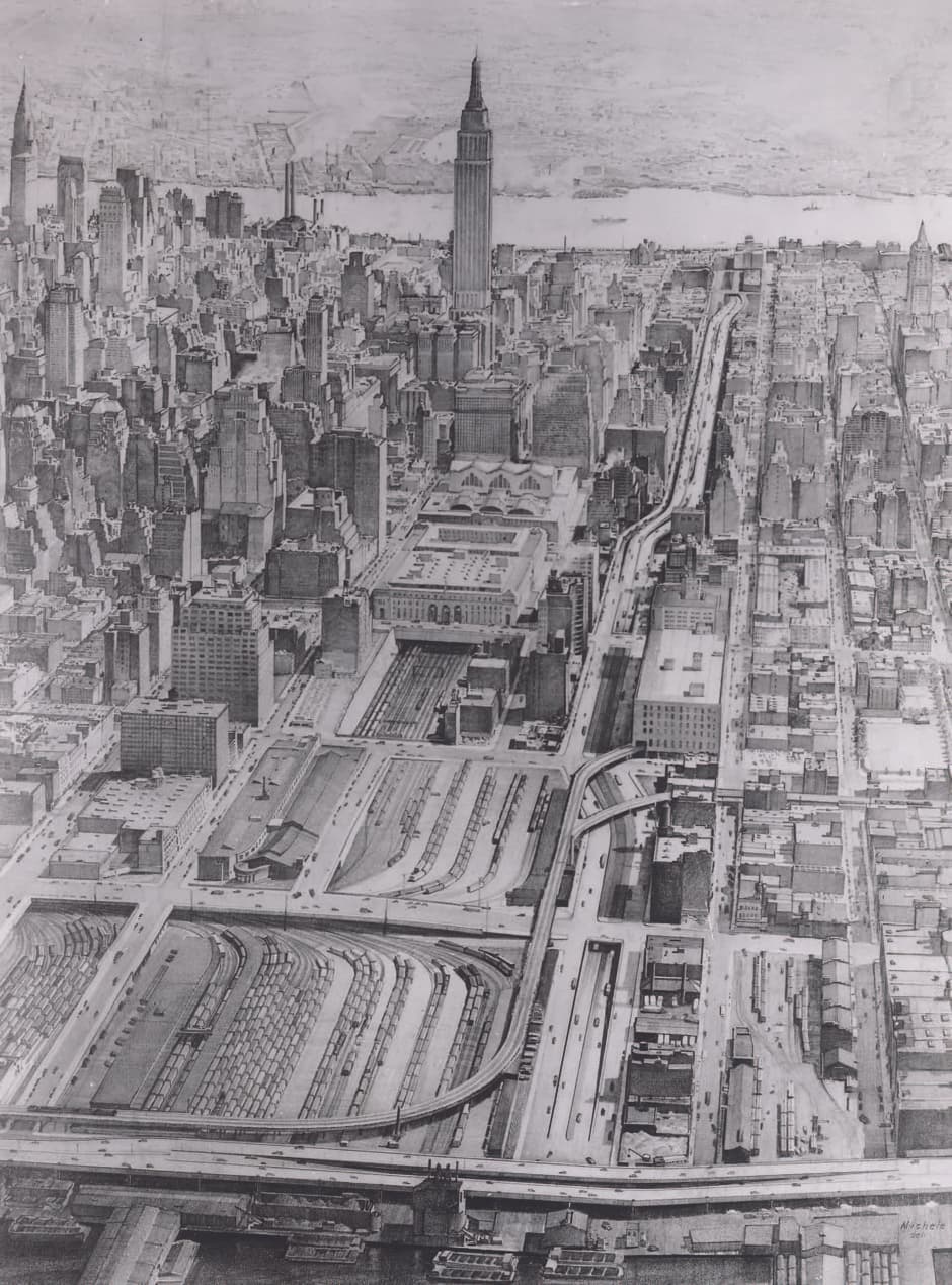 Una de las fracasadas autopistas urbanas concebidas por Robert Moses, los planes de 1941 para una autopista a la mitad de Manhattan hubiera "cortado una franja de la calle 30 en su ruta hacia el este, después de la vieja Estación Pennsylvania y el Empire State" .