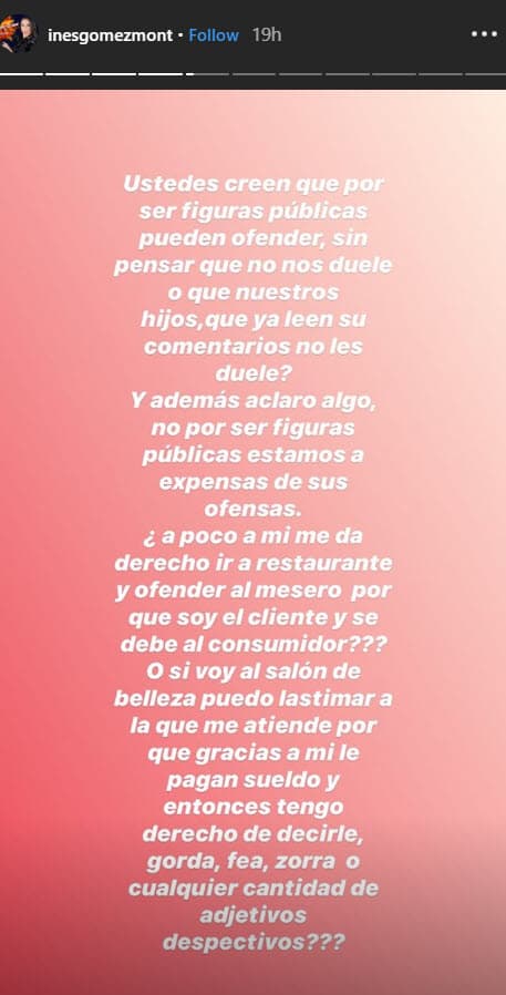 Aseguró que a pesar de ser figuras públicas los comentarios y las ofensas también "les duele" y aseguró que pueden herir los sentimientos de sus hijos.
<br>