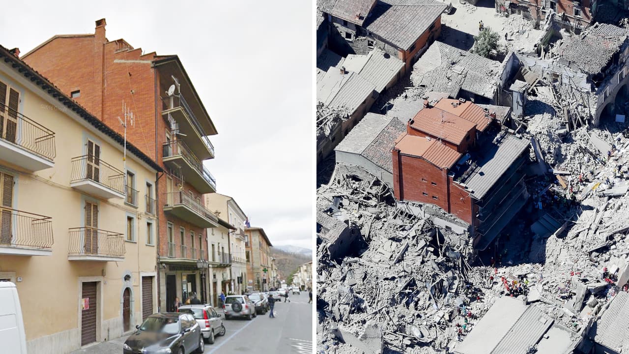El alcalde de Amatrice confirmó que se han producido derrumbes en varios edificios y puentes que complican el acceso a la zona por parte de las autoridades italianas, que tratan de ayudar a las personas que se encuentran "bajo los escombros". En la foto el antes y despues del centro de Amatrice, con el único edificio (rojo) que parece estar intacto.