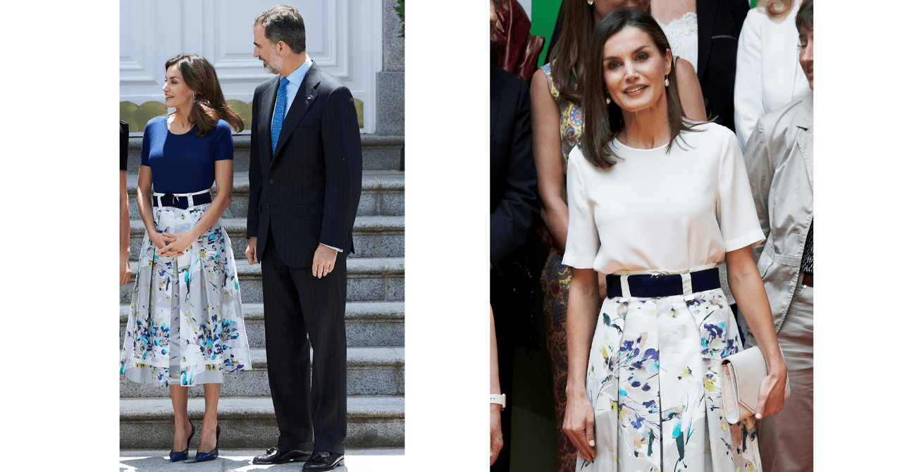 En el 2018, la reina Letizia de España probó que a la hora de repetir ‘outfit’ ni siquiera es necesario esperar tanto tiempo. En junio de ese año lució una falda larga, plisada y de estampado floral de la firma Adolfo Domínguez. Al siguiente mes se la volvió a poner, aunque con una playera diferente para darle un 'refresh' al atuendo.