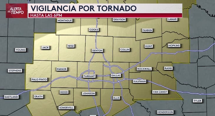 <b>Vigilancia por Tornado:</b> Hasta la 6 p.m., para todo el norte de Texas, incluyendo Dallas-Fort Worth y el Metroplex. Esto significa que, en las próximas horas, hay condiciones favorables para la formación de un tornado