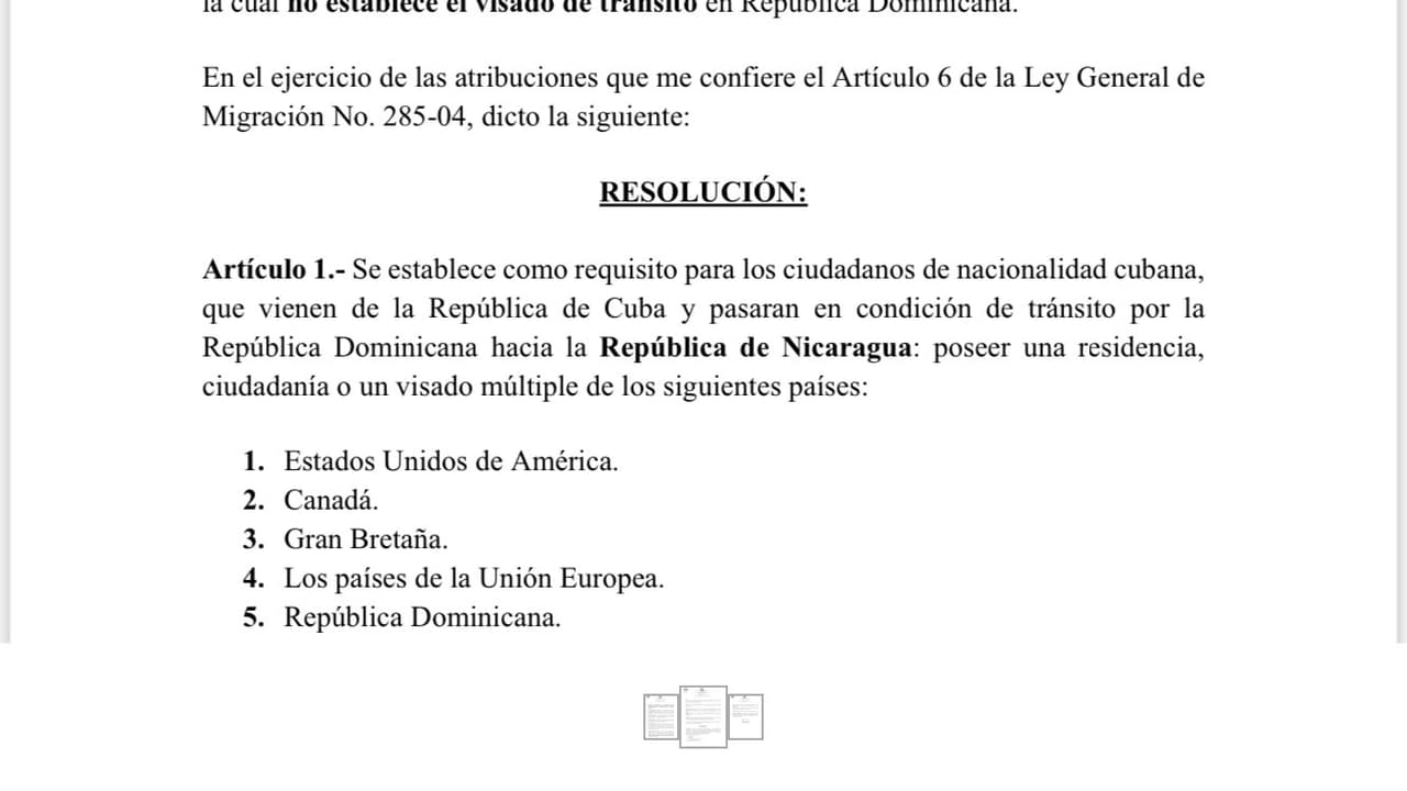 Captura de pantalla de la resolución que prohíbe a los cubanos sin visa transitar en vuelos entre República Dominicana y Nicaragua, el 21 de junio de 2022.