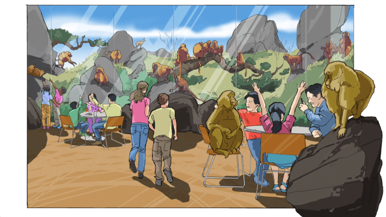 Los dibujos también ilustran una variedad de posibles opciones para que los visitantes del zoológico se acerquen y aprendan sobre especies amenazadas.