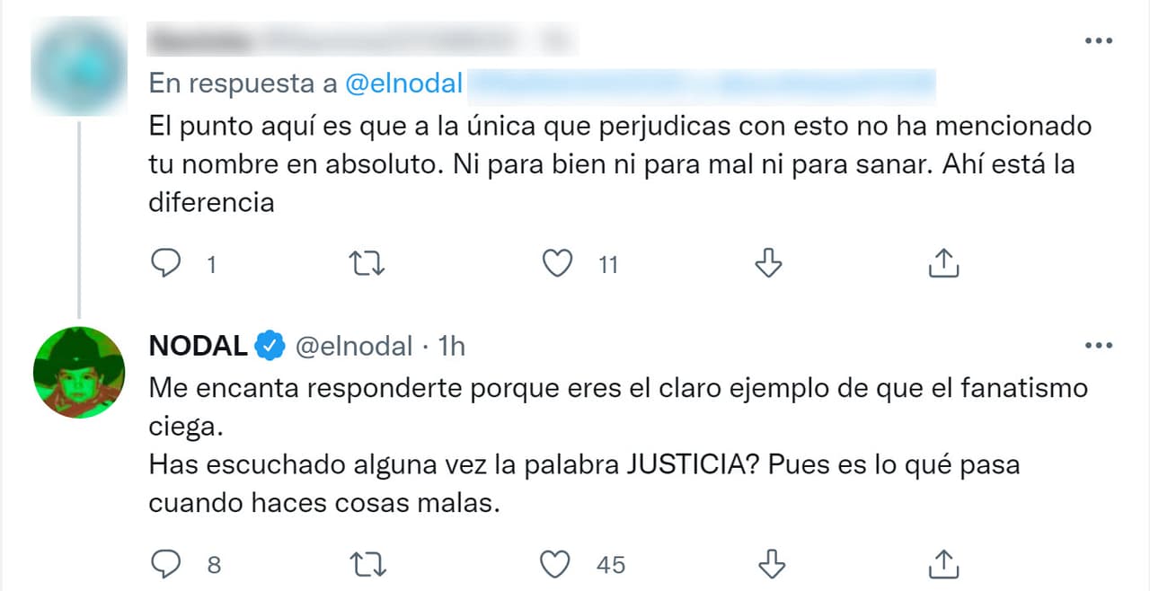 Otro fan le hizo ver que con sus palabras afectaba a su ex: "¿Has escuchado alguna vez la palabra 'justicia'? Pues 
<b>es lo que pasa cuando haces cosas malas</b>", respondió el artista. 
<br>