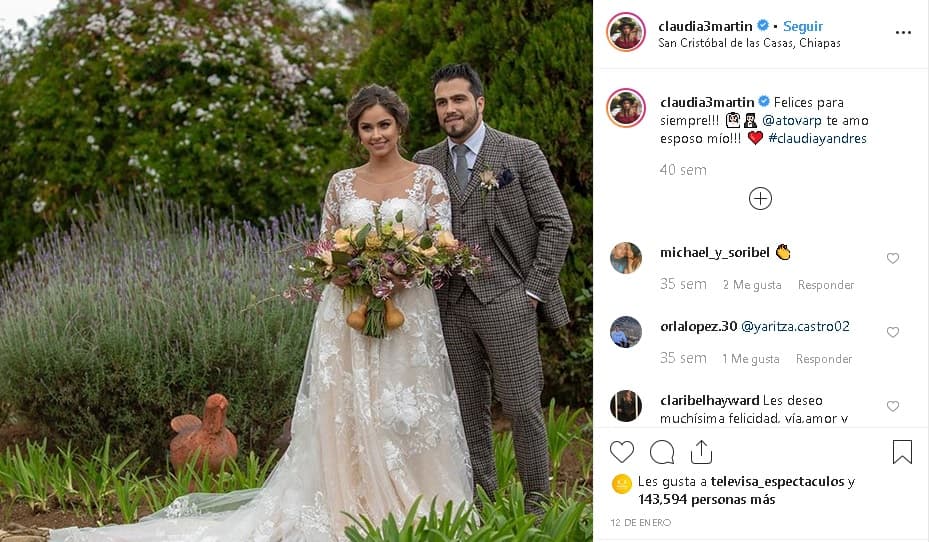 Martín y Tovar contrajeron 
<b><a href="https://www.univision.com/entretenimiento/celebridades/claudia-martin-la-villana-de-amar-a-muerte-ya-llego-al-altar-con-su-novio-productor-fotos" target="_blank">matrimonio, por la vía civil,</a></b> el pasado 12 de enero, en San Cristóbal de las Casas, Chiapas, al sur de México.