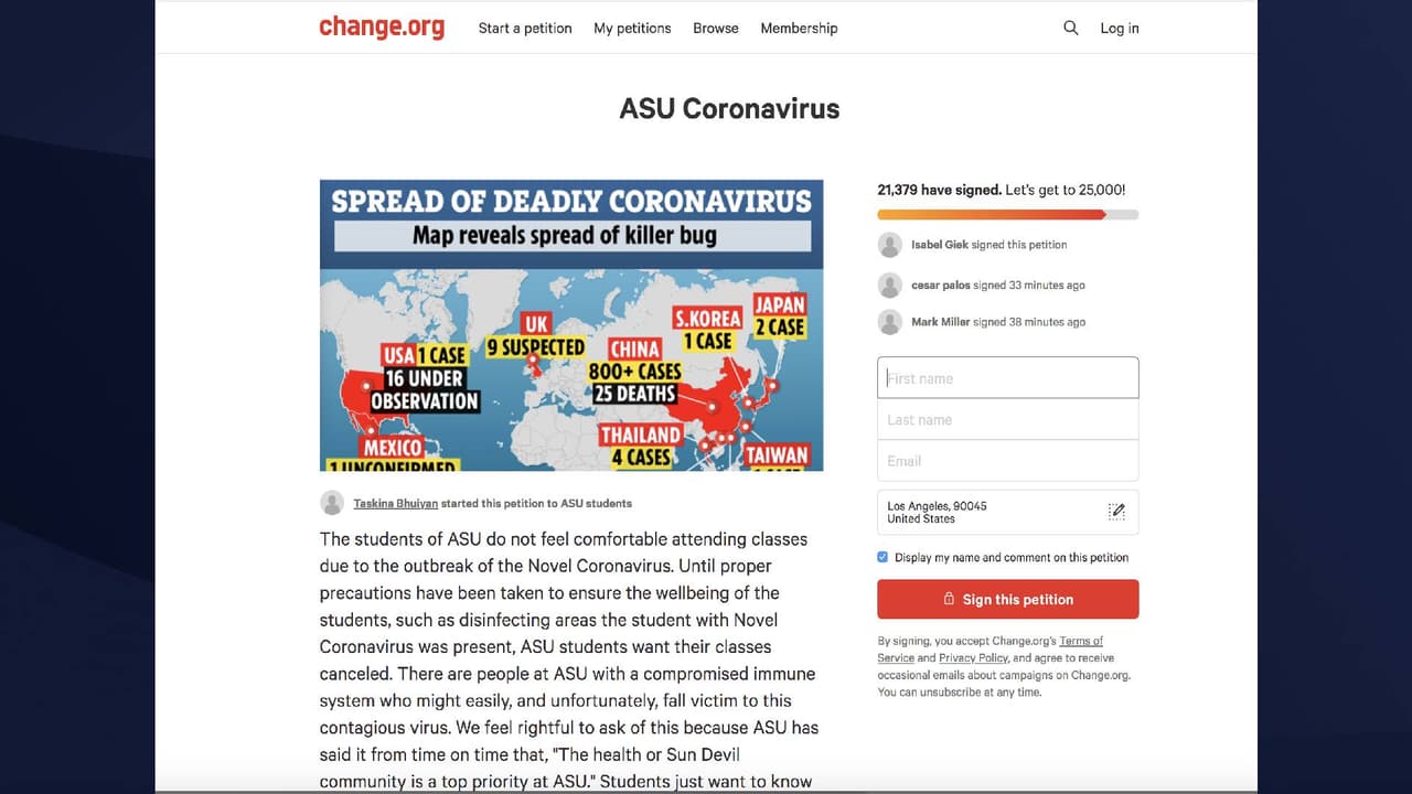 Estudiantes de ASU firman petición para cancelar clases y desinfectar áreas expuestas al coronavirus
<br>
