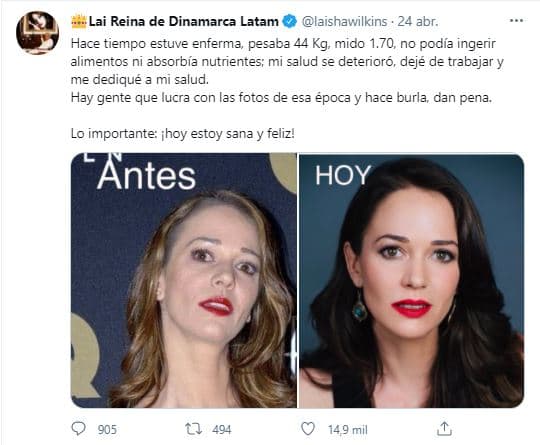 "Hace tiempo estuve enferma, pesaba 44 Kg (97 libras), mido 1.70, no podía ingerir alimentos ni absorbía nutrientes; mi salud se deterioró, dejé de trabajar y me dediqué a mi salud", le confesó a sus 164 mil seguidores.