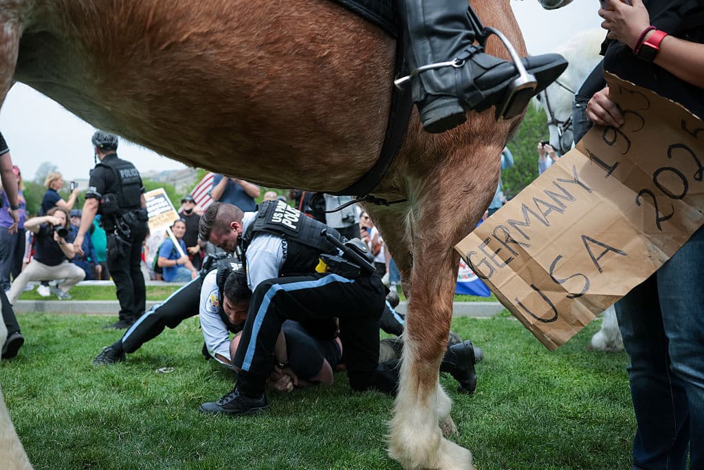 <b>Exigencia de respeto al debido proceso</b>: Un manifestante sostiene una pancarta en la que se lee "Alemania 1933. USA 2025", mientras la policía de Washington somete a un manifestante. Un tema común en las protestas es la denuncia de la utilización de leyes de guerra para justificar las deportaciones y la eliminación de derechos procesales, demandando que se respete el derecho al debido proceso para todos los ciudadanos, sin importar su estatus.