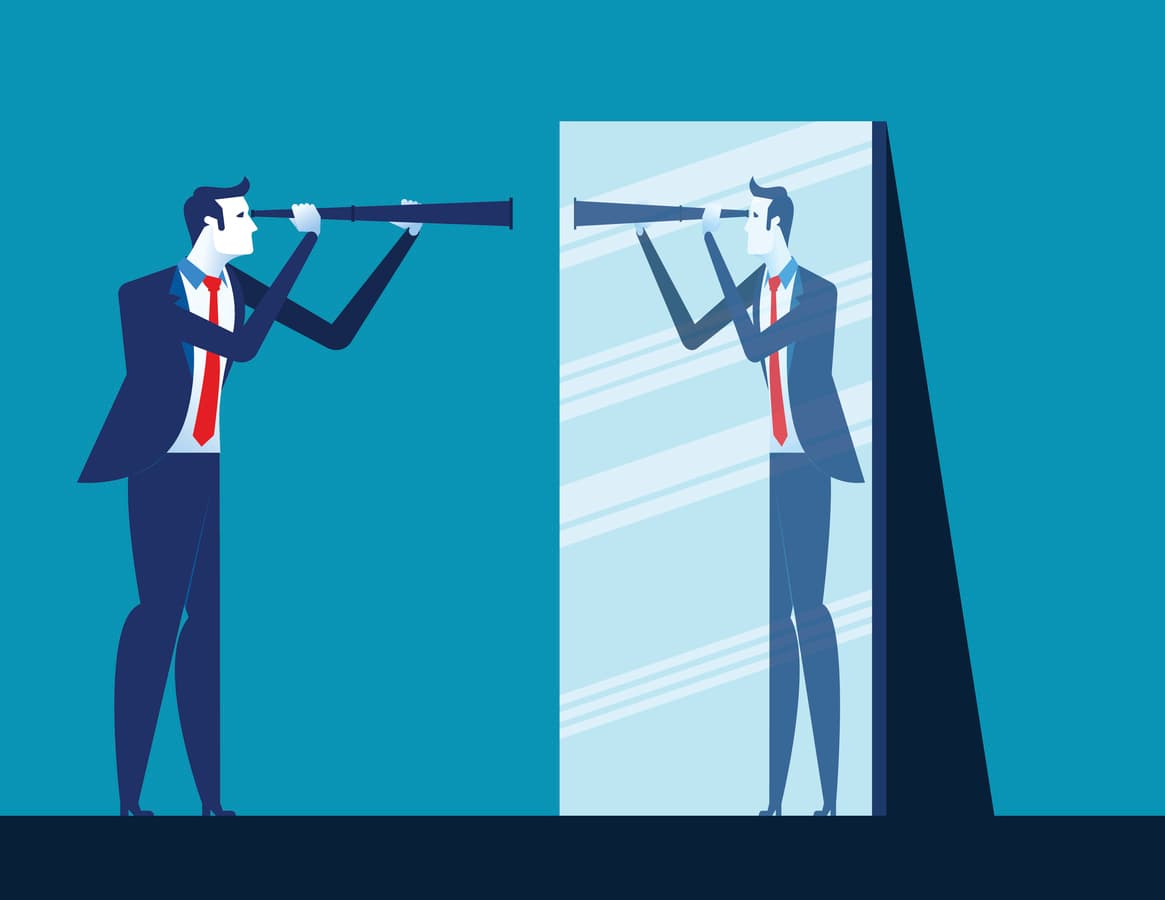 Businessman holding telescope and reflecting in mirror. Concept business vector illustration.