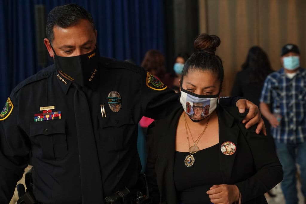 Houston's chief of police Art Acevedo, left, holds shoulder of Vanessa Guillen's mother Gloria Guillen after a press conference regarding the murder of Vanessa Guillen on December 8, 2020 in Houston, Texas.
