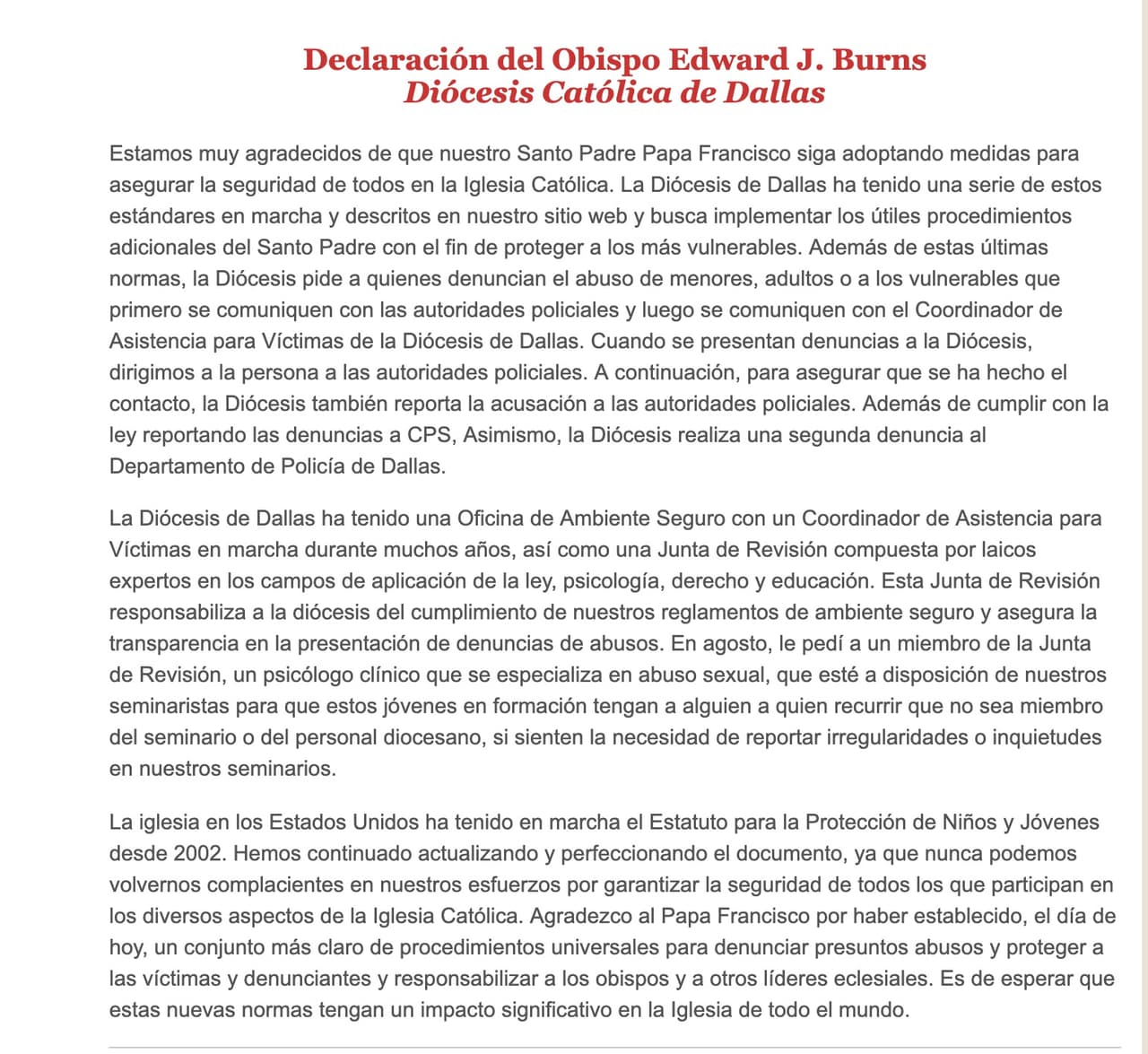 Declaración del Obispo Edward J. Burns